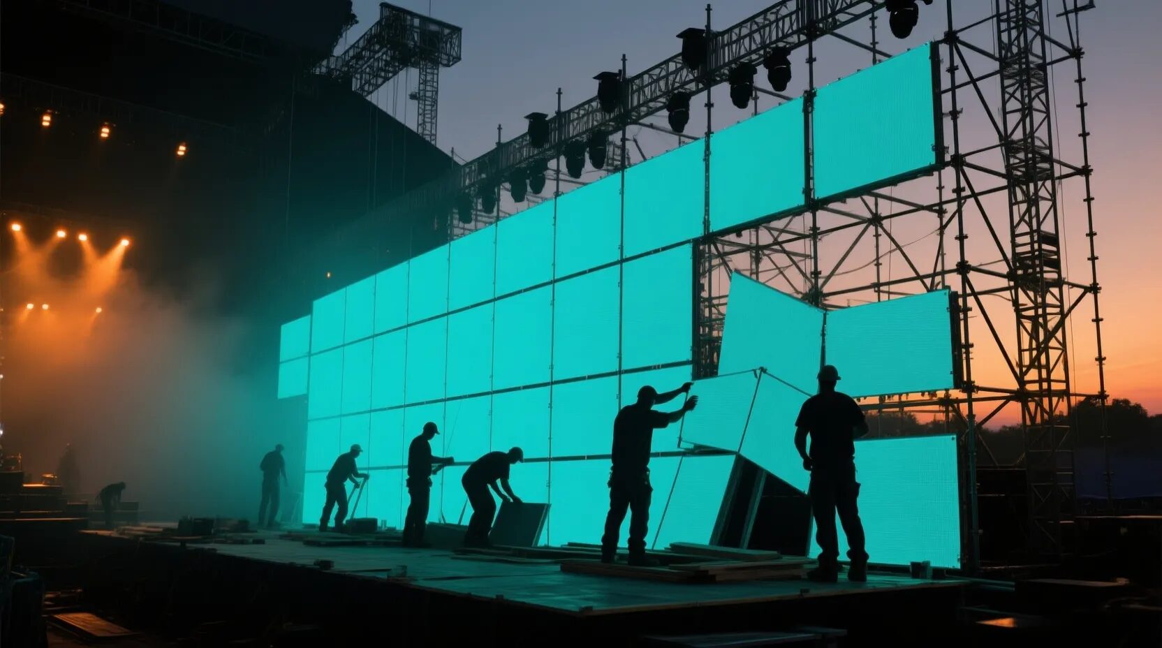 Truss-rigged LED wall going up — rental panels are built for exactly this